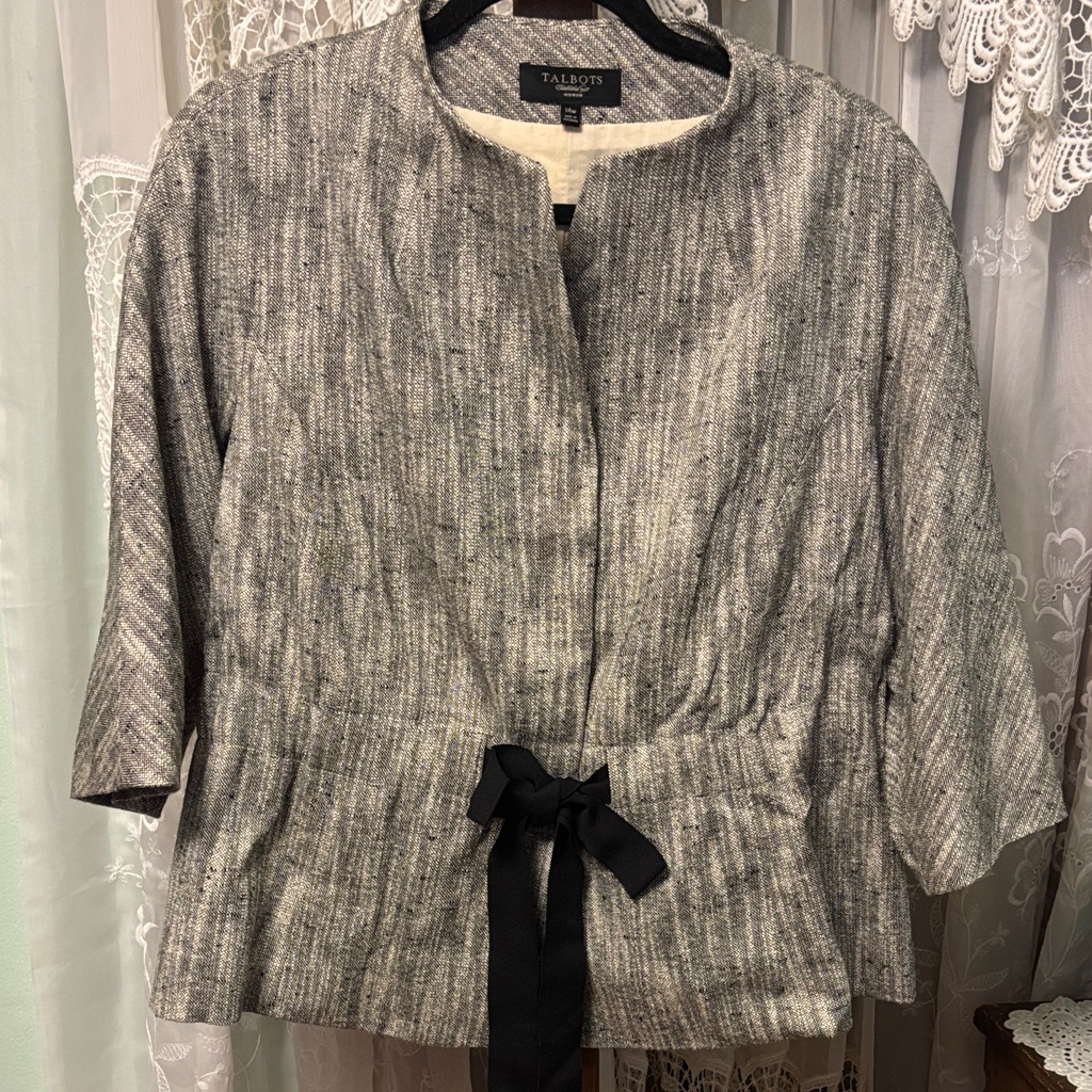 Talbots Gray Linen Blend Snap Front Jacket W/ Black Tie & Elastic Waist Sz 14w